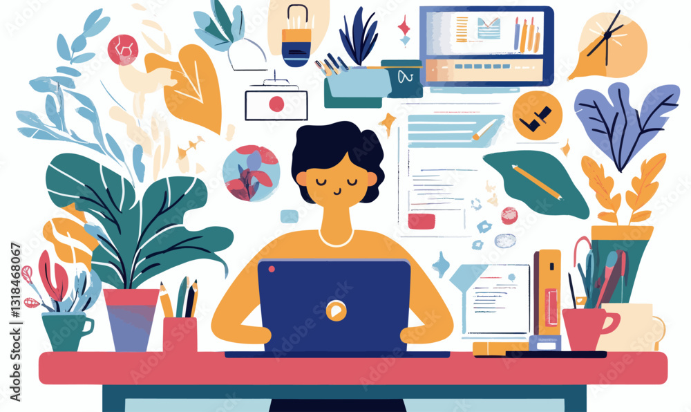 Poster digital content creator workspace with plants and colorful elements in minimalist vector art