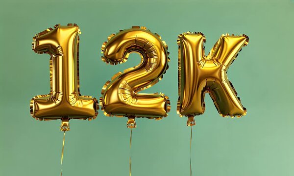 Glowing gold foil balloons designed as 12k hovering gracefully without strings, swaying delicately with the wind on a solid green background