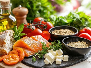 Healthy Food For Balanced Flexitarian Mediterranean Diet: Organic Salmon And Green Vegetable Based Nourishment Concept