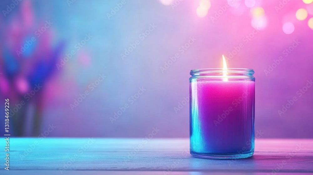 Poster a glowing candle sits on a table, casting a warm light in a softly colored setting with blurred deco