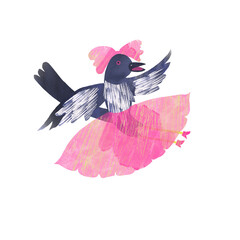 The magpie dressed up, put on a skirt, boots and tied a bow, preparing for a date. It is being prepared for March 8th. The illustration is made in the style of a collage