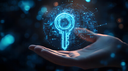 Abstract digital security illustration of a futuristic blue holographic key floating in a professional’s hand, with cyber data streams and encrypted locks 