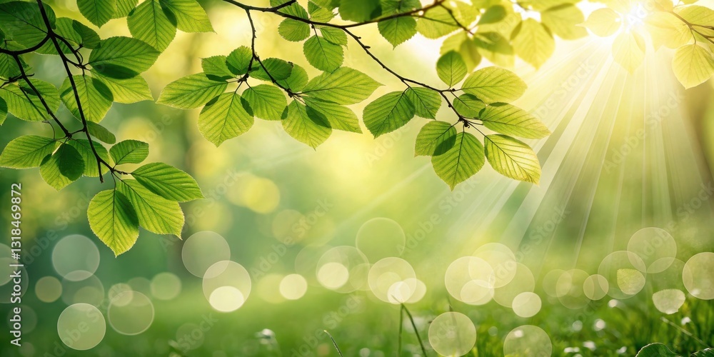 Poster sunlight dappling through lush green leaves in a tranquil forest setting
