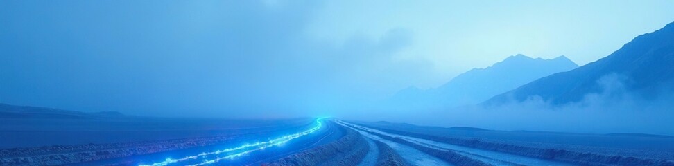 Obraz premium Glowing blue mist trails through a desolate landscape, abstract art, white, ethereal