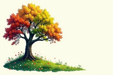 Colorful botanical illustration of changing seasons on a tree , flowers, autumn, spring