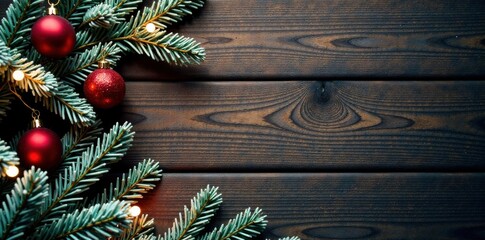 Fototapeta premium Snowy evergreen branches with ornaments and lights on wooden background, garland, decorations, snowflakes