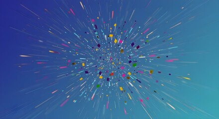 A dynamic burst of colorful confetti against a gradient blue background, with a bokeh effect