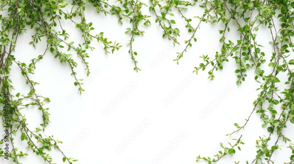 Poster green tree branches willow creating frame over white background