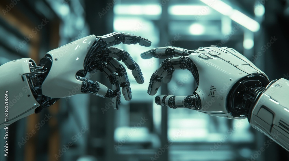 Aufkleber close-up of two robotic hands reaching towards each other in a factory setting
