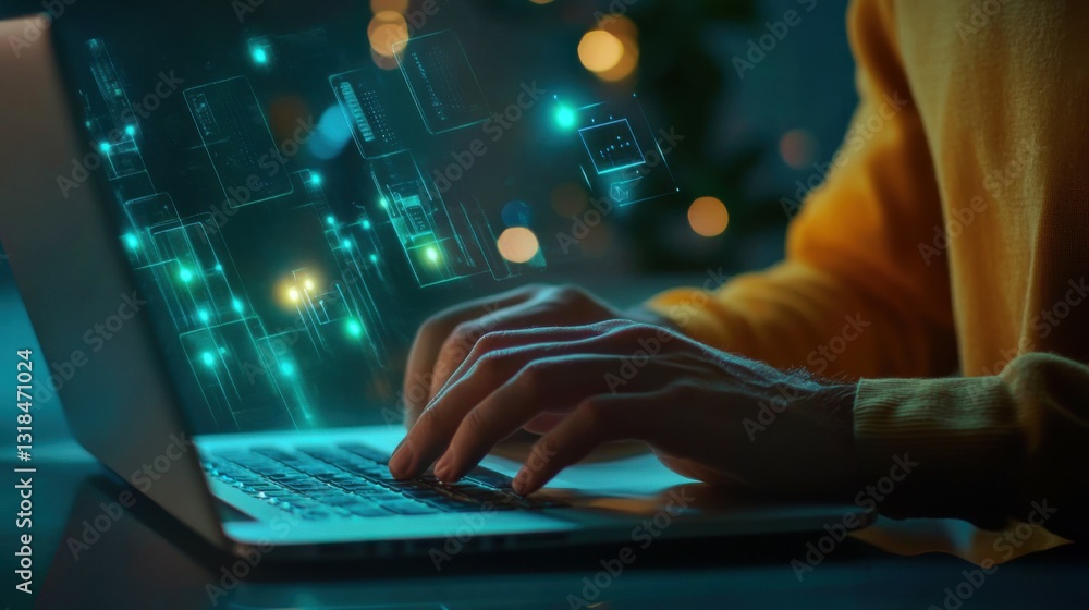 Poster a man typing on laptop for search information on web browser networking
