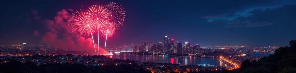 Colorful Firework Burst Over Cityscape at Night , explosion, colorful lights, fireworks
