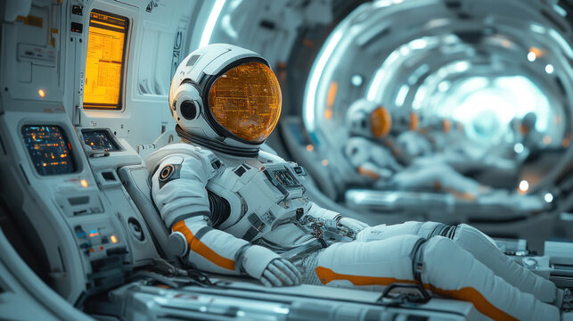 AI-powered space station concept featuring futuristic anti-gravity labs, digital astrophysics research panels, and robotic AI astronauts