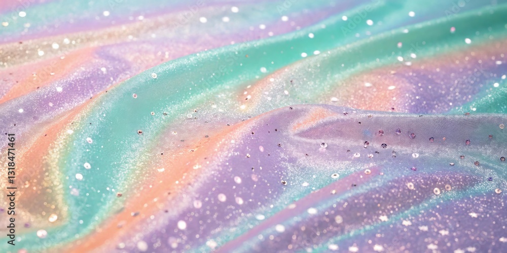 Poster Abstract shimmering fabric with iridescent colors and scattered sequins creating a dreamy and whimsical texture