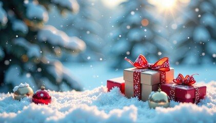 Snowy winter scene with gift boxes and branches amidst falling snowflakes, snowy landscape, snow, gift boxes