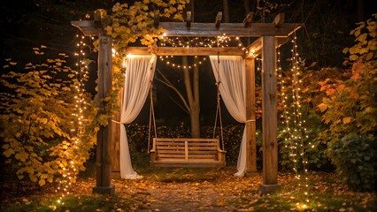 A Serene Autumn Evening Scene, A Rustic Wooden Pergola Adorned With Fairy Lights And Sheer Curtains Framing A Gentle Swing, Creating A Tranquil And Inviting Atmosphere Under The Warm Glow Of Golden Ho