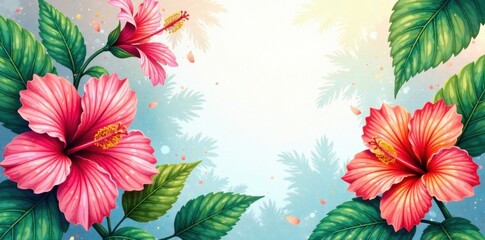 Colorful hibiscus leaves with tropical patterns, on a watercolor background, tropical flowers, watercolor art, colorful blooms