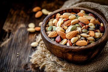 Assorted Nuts and Seeds in Rustic Wooden Bowl on Natural Background