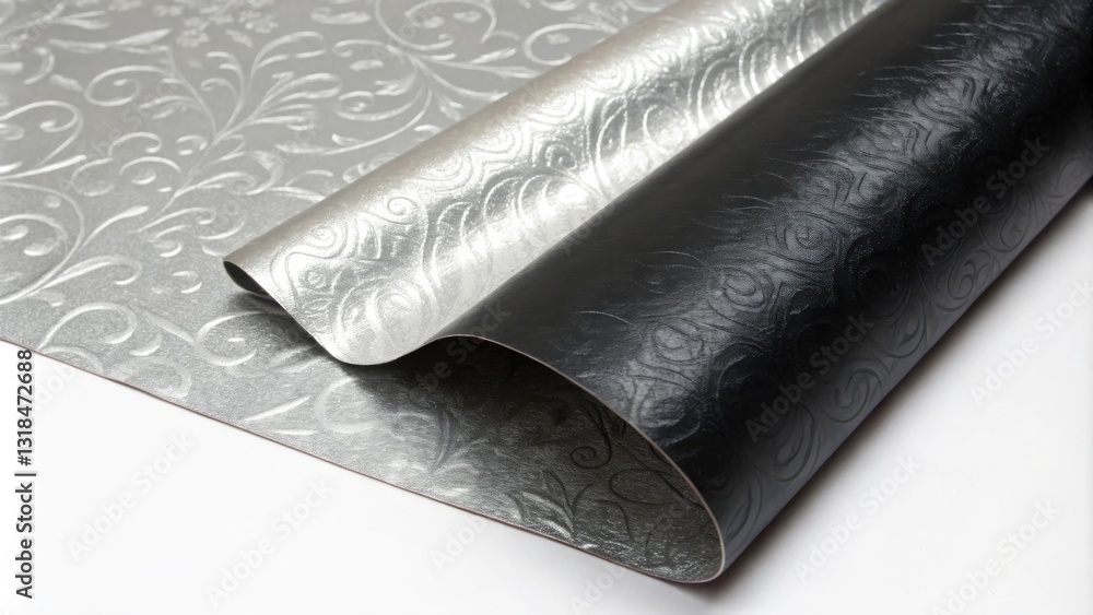 Poster embossed silver and black patterned fabric with a subtle sheen and a delicate floral design