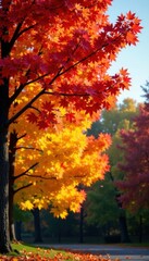 Fototapeta premium Colorful leaves changing autumn colors in a tree, seasons change, botanical illustration, foliage