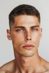 Naklejka premium A handsome man with harmonious features and a nice face shape with short hair on a white background