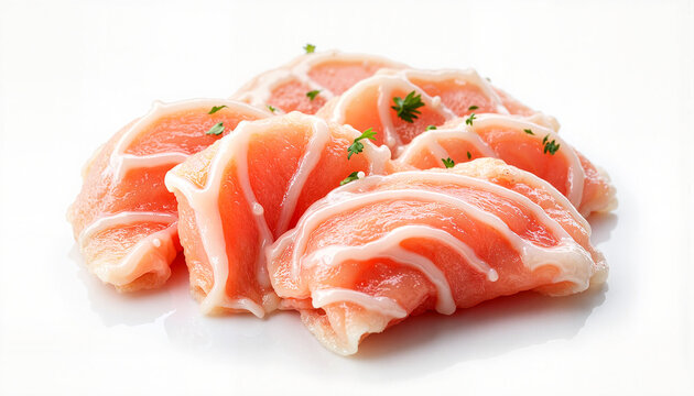 Fresh lukanka slices elegantly arranged on white background, food styling