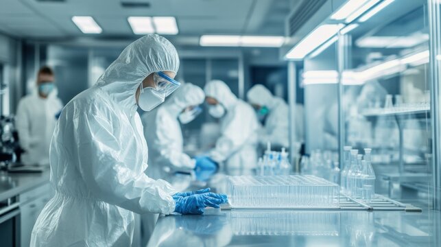 People, disinfection or investigation team with hazmat suit for cleaning, health and safety in laboratory. Scientists, group or biohazard squad sanitizing workspace or lab for hygiene or sanitation