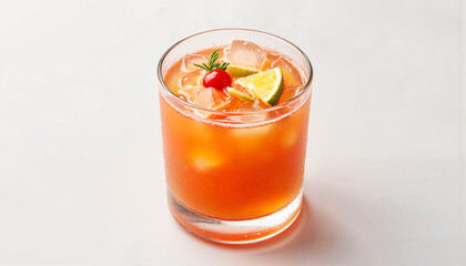 Vibrant rum punch cocktail in glass with ice and fruit garnish, refreshing drink