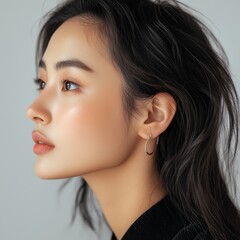 closeup side profile portrait of ear beautiful european american woman with hair. perfect face structure. isolated on white background. ad for earring