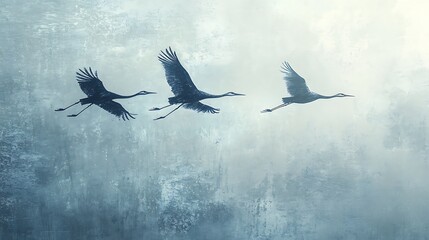 Obraz premium Minimalist abstract of cranes in mid-flight, silhouetted against a softly textured background of pale blue and silver, flowing brushstroke accents, harmonious and elegant, hd quality,