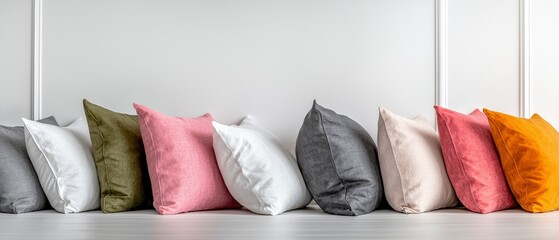 Pastel Throw Pillows Arranged on White Surface Against White Wall