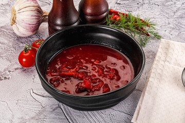 Homemade red soup Borsch with cabbage