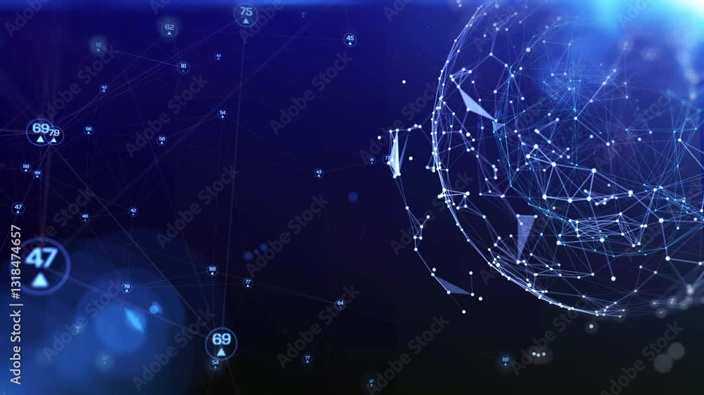Poster Technology global low poly geometric network connection. Plexus sphere rotating 4K motion on blue background