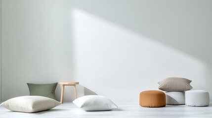 Serene Minimalist Interior Neutral Pillows and Poufs on Light Wood Floor