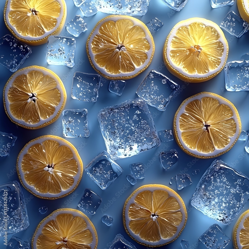 Aufkleber refreshing minimalist 3d pattern of glowing ice cubes and lemon slices for a clean aesthetic