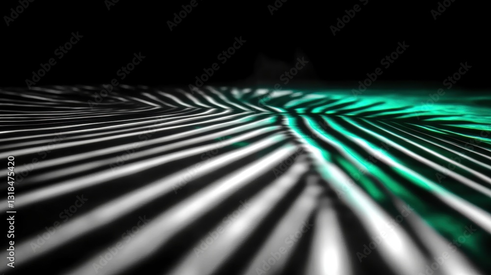 Poster lines and patterns in black and white converge and twist in a captivating design, illuminated by sof