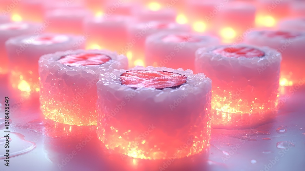 Poster serene 3d mini sushi rolls pattern on glowing gradient backdrop