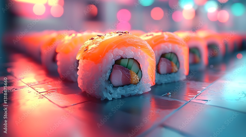 Poster glowing 3d mini sushi rolls in vibrant pattern on subtle gradient background