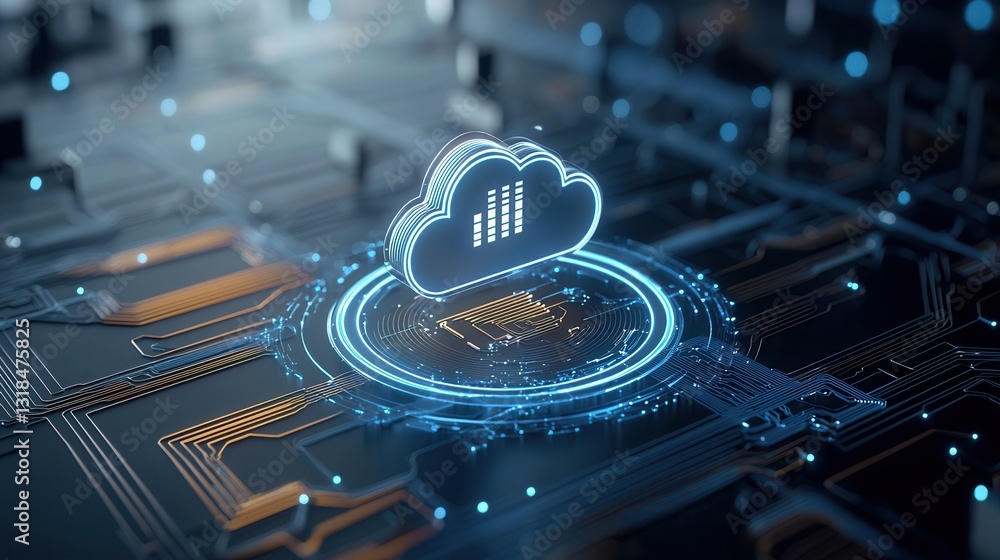 Poster futuristic 3d rendered depicting a advanced cloud computing and data storage system representing the