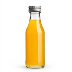 Fresh orange juice in a clear glass bottle with a screw cap isolated on a bright white background