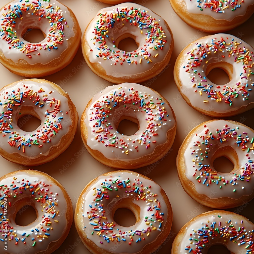 Poster minimalist 3d donut pattern with vibrant sprinkles on soft neutral background