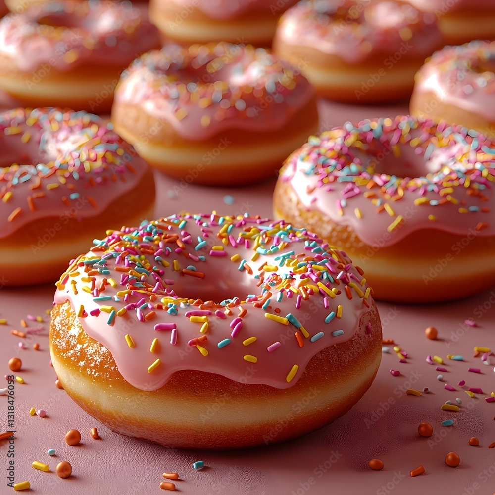 Poster vibrant glowing 3d miniature donut pattern on soft neutral background with copy space
