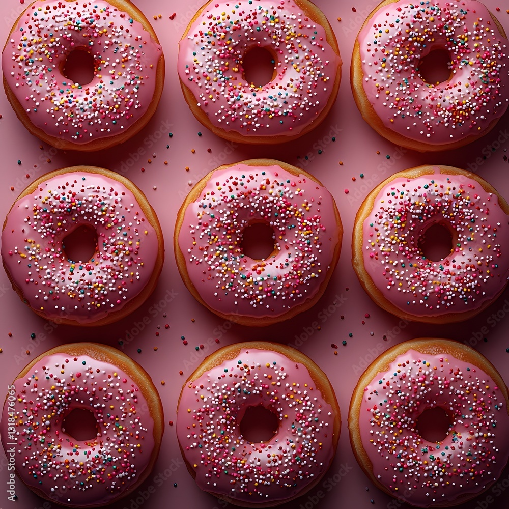 Poster minimalist 3d donut pattern with vibrant sprinkles on soft neutral background