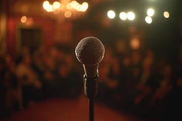 Microphone on stand in front of blurred audience.