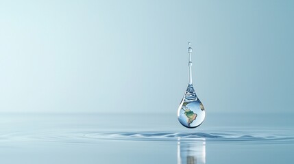 Suspended globe water drop in a minimalist environmental concept art piece symbolizing the fragility and importance of our world and the need for sustainability and conservation