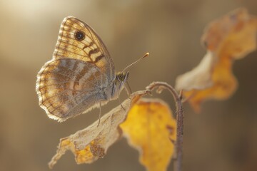 Fototapeta premium Butterfly perched on dry leaf with soft natural background light