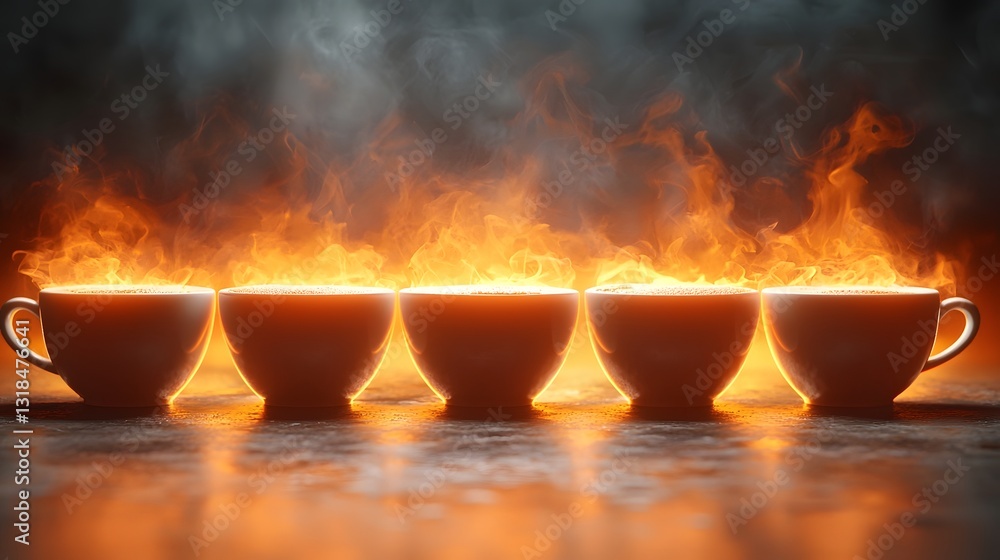 Poster steaming hot 3d mini coffee cups arranged in a glowing pattern on a textured background