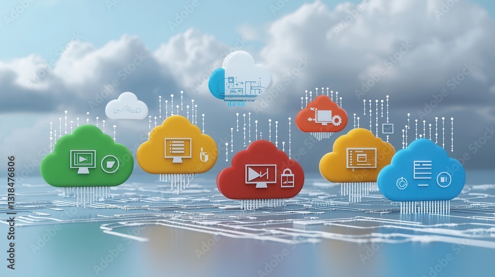 Poster vibrant 3d rendered depicting a diverse cloud computing ecosystem with various interconnected icons 