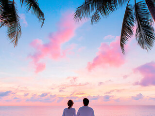 Romantic sunset moment beachside couple silhouette tropical paradise serenity love