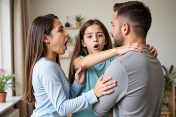 Fototapeta premium A Happy Family Moment: A Young Mother and Daughter Playfully Argue Over Their Loving Father in a Cozy Living Room Setting, Embracing Love and Togetherness