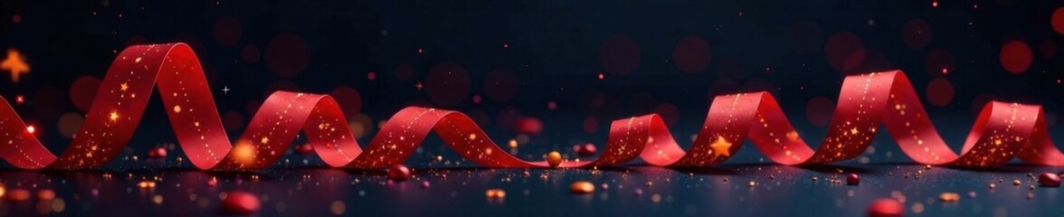 Swirl ribbons with stars on black background with a subtle festive glow, festive colors, twinkling lights, Christmas banner